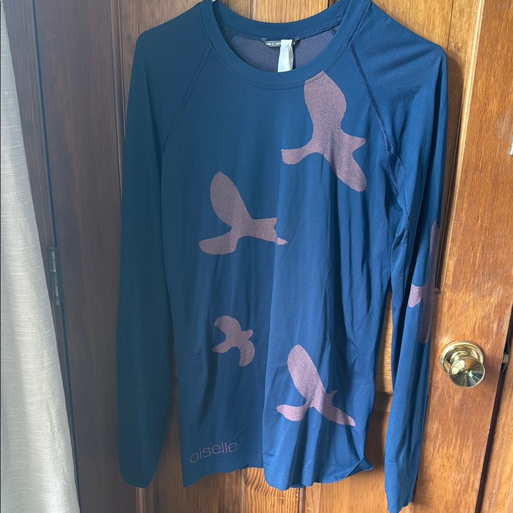 Oiselle Navy Long Sleeve with Pink Bird Pattern